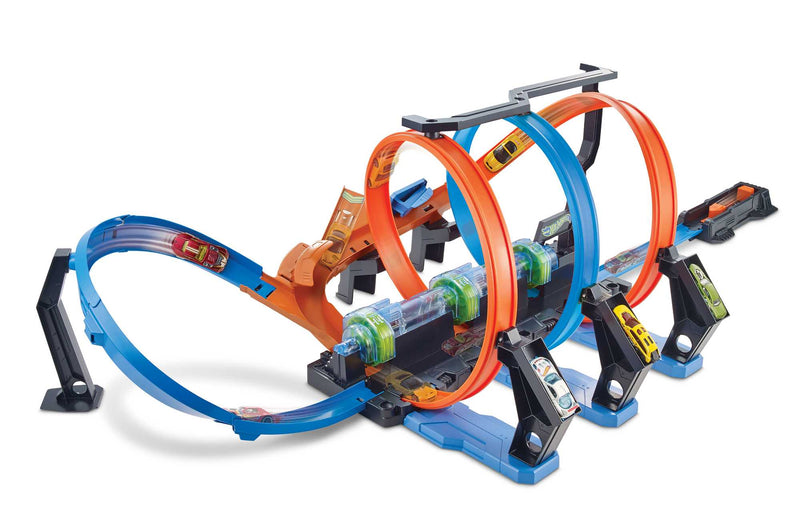 Load image into Gallery viewer, Hot Wheels Looping Infernal track with 3 motorized launchers and 3 loops
